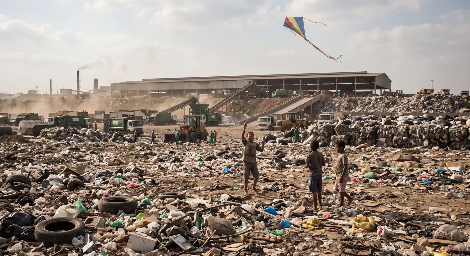 Concept image of children flying a kite over a landfill